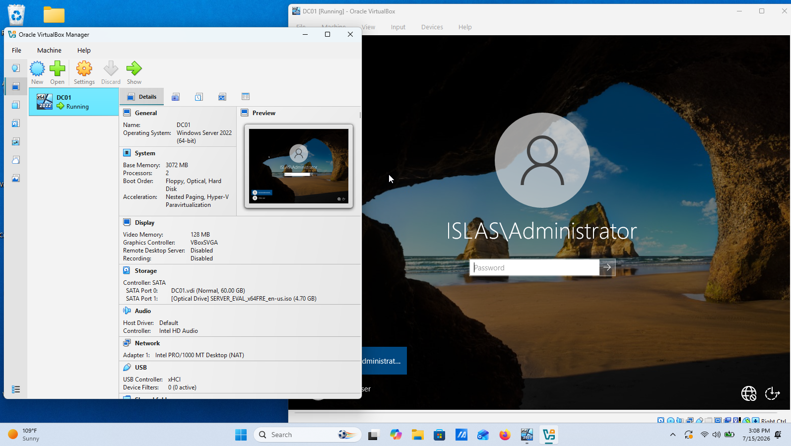 DC01 running in VirtualBox with the ISLAS\\Administrator domain login screen